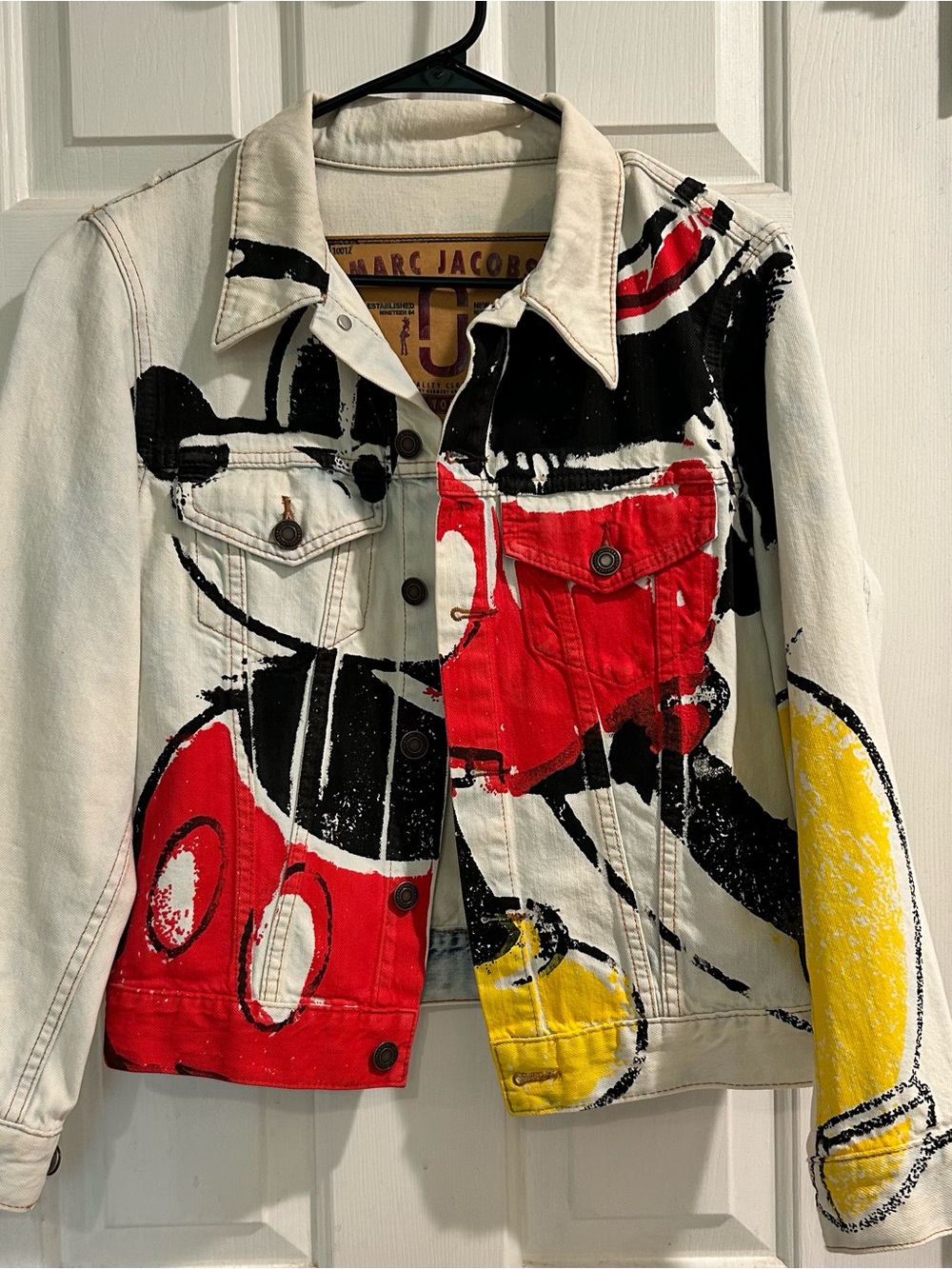Marc Jacobs White Denim Jean Jacket with Red, Black & Yellow Graphic Print